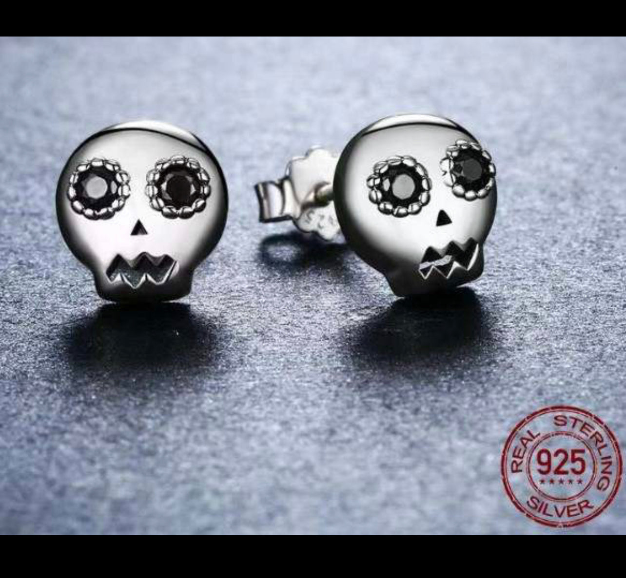 Black Gemmed Eyes Skeleton Sterling Silver Stud Earrings