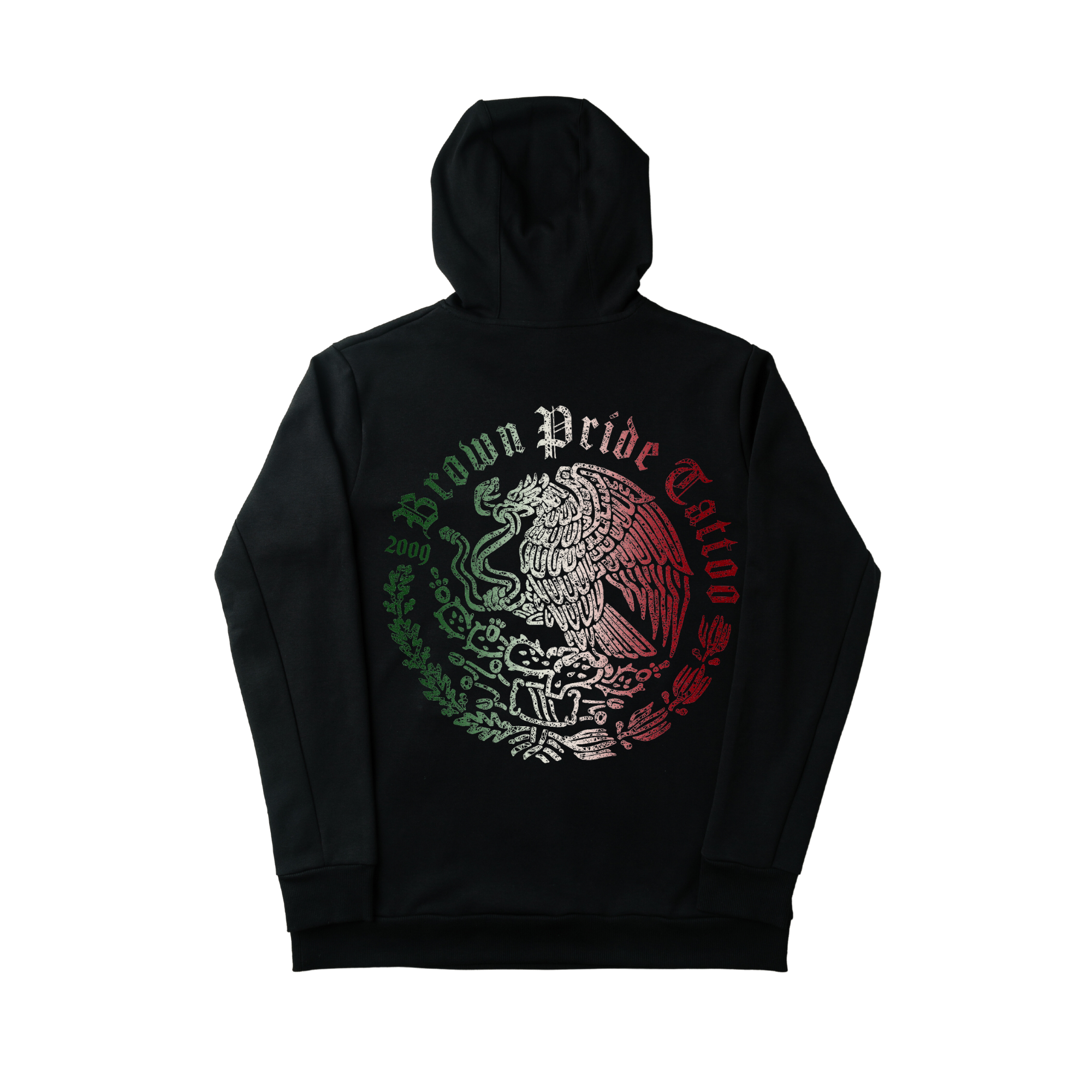Brown Pride Tattoo Tri-Color Puff Mexican Flag Black Hoodie