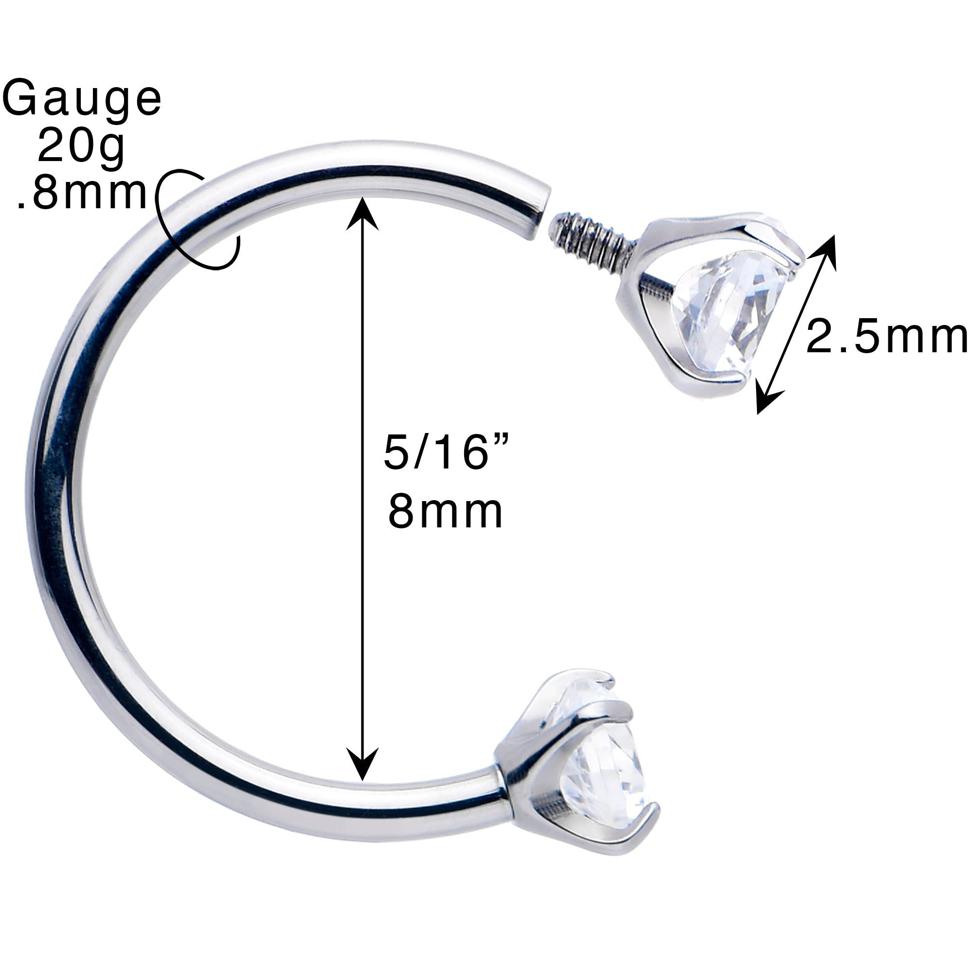 Double Gem Titanium Horseshoe Nose Ring - Internally Threaded Solid Titanium CZ Horseshoe Nose Hoop