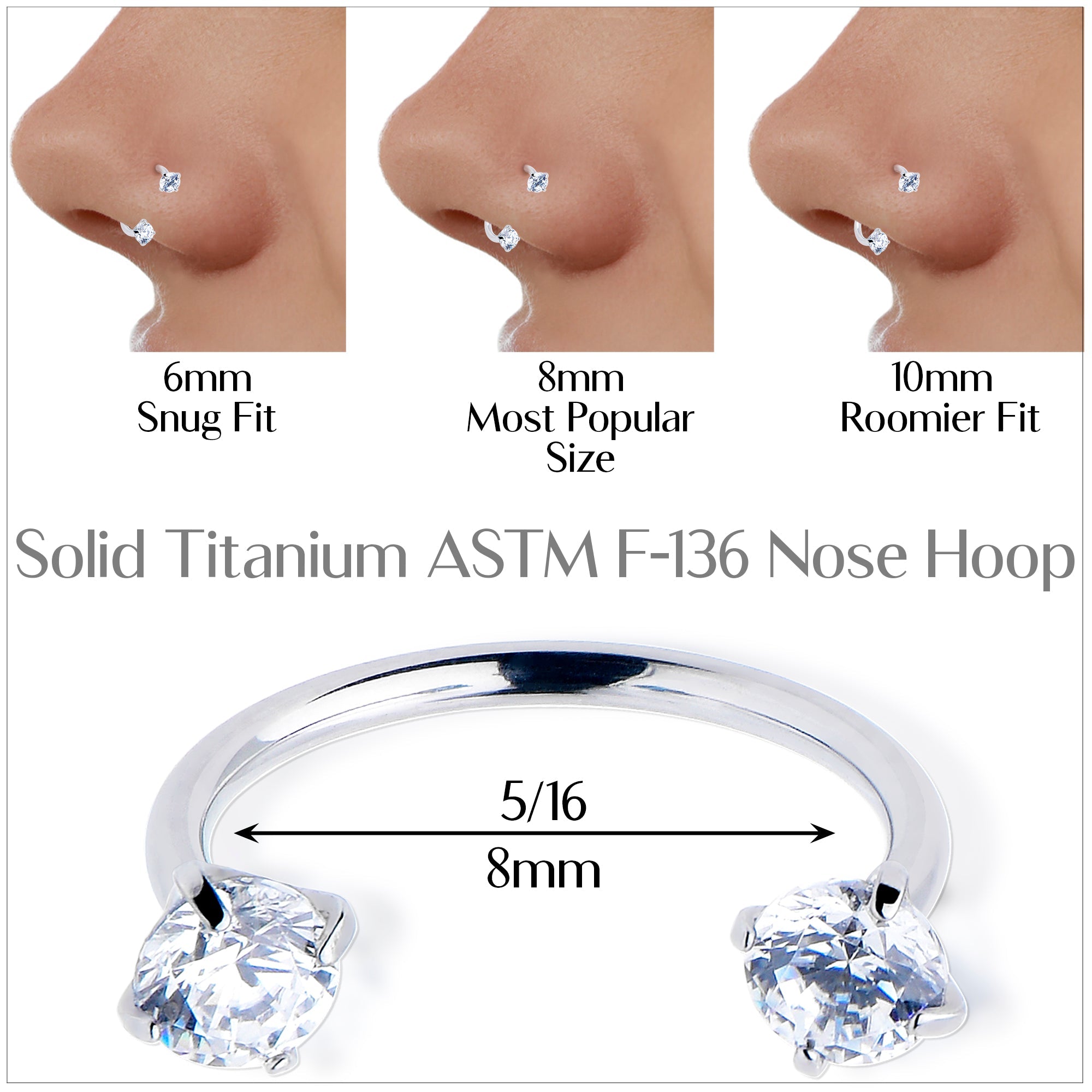 Double Gem Titanium Horseshoe Nose Ring - Internally Threaded Solid Titanium CZ Horseshoe Nose Hoop