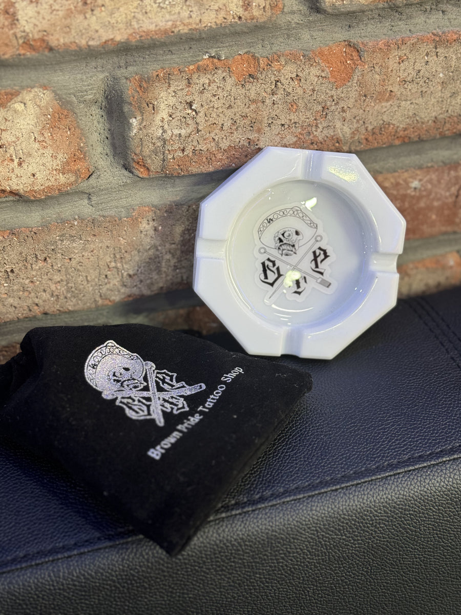 Classic OG Brown Pride Tattoo Logo White Round Ashtray Brown Pride