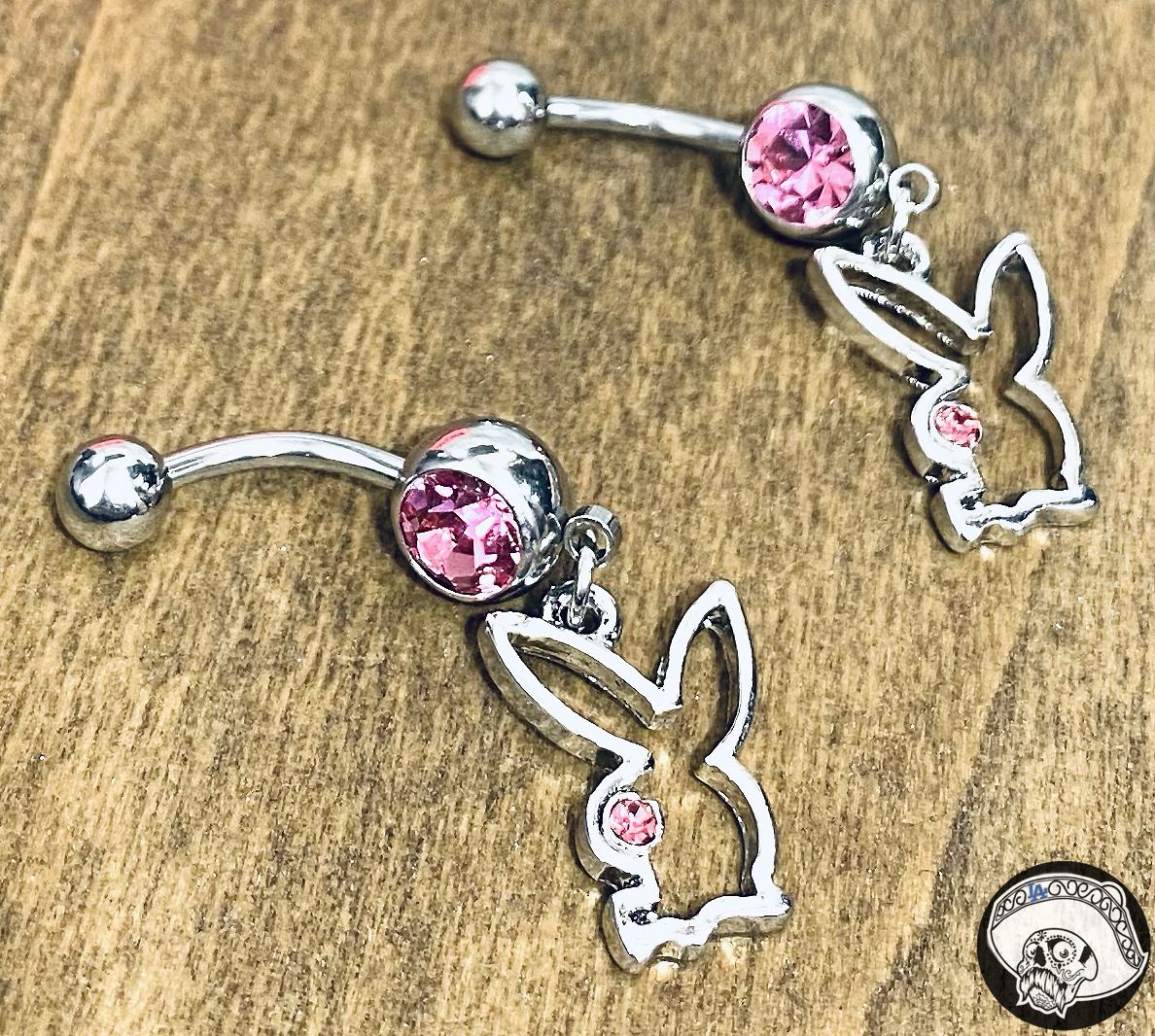 Hollow Playboy Bunny Pink CZ Gem Dangle Belly Ring