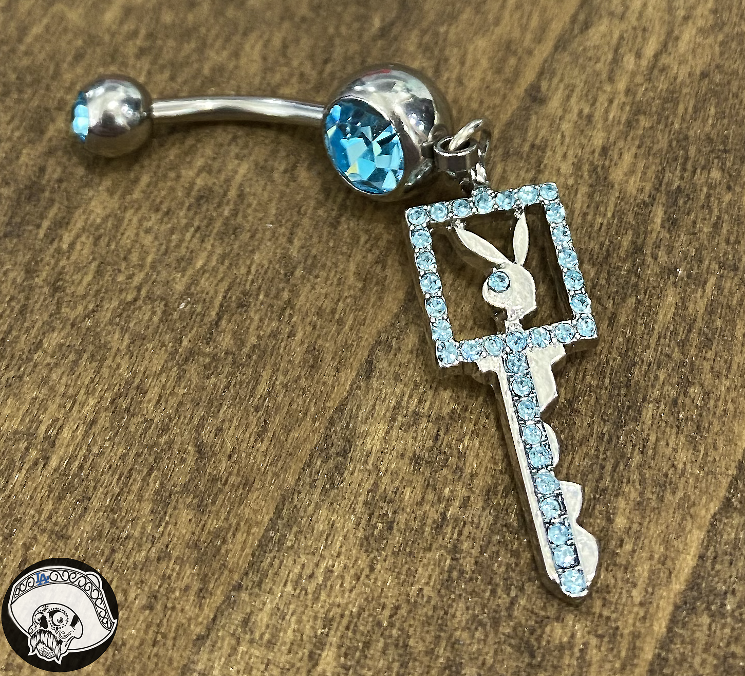Aqua CZ Key Playboy Bunny Dangle Belly Ring