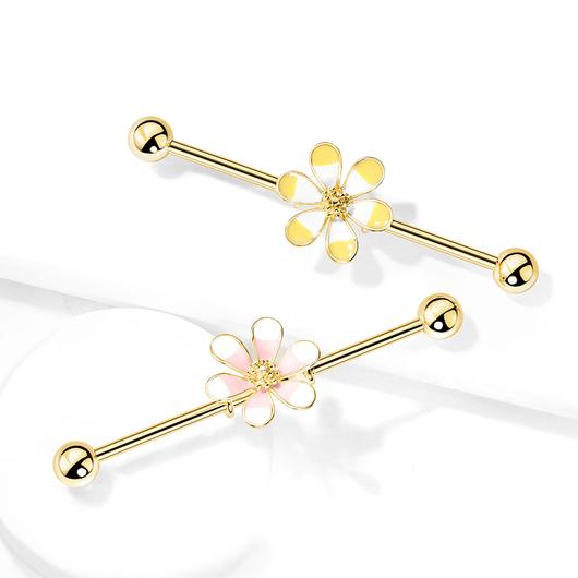 Gold Plated Two Tone Enamel Flower Industrial Barbell