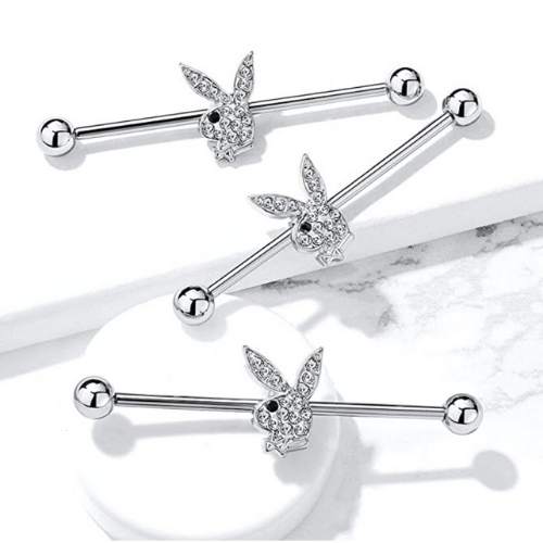 Clear CZ Paved Bunny with Black Gem Eye Industrial Barbell