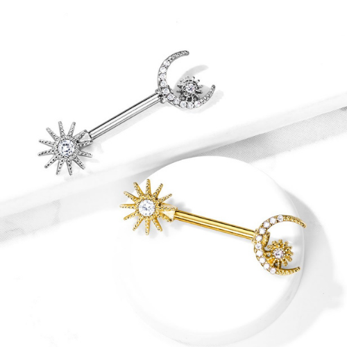 Pair CZ Gem Paved Crescent Moon and Star Nipple Rings