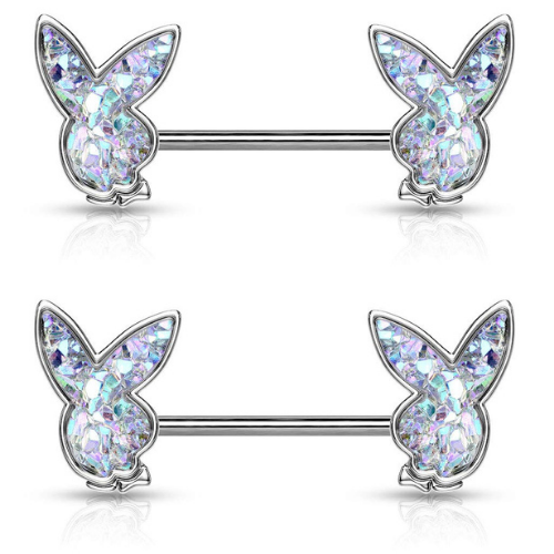 Pair Aurora Borealis Druzy Stone Playboy Bunny Nipple Rings