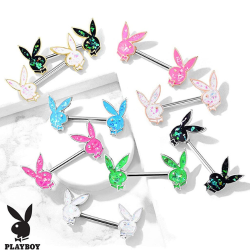 Pair Opal Glitter Playboy Bunny Nipple Rings