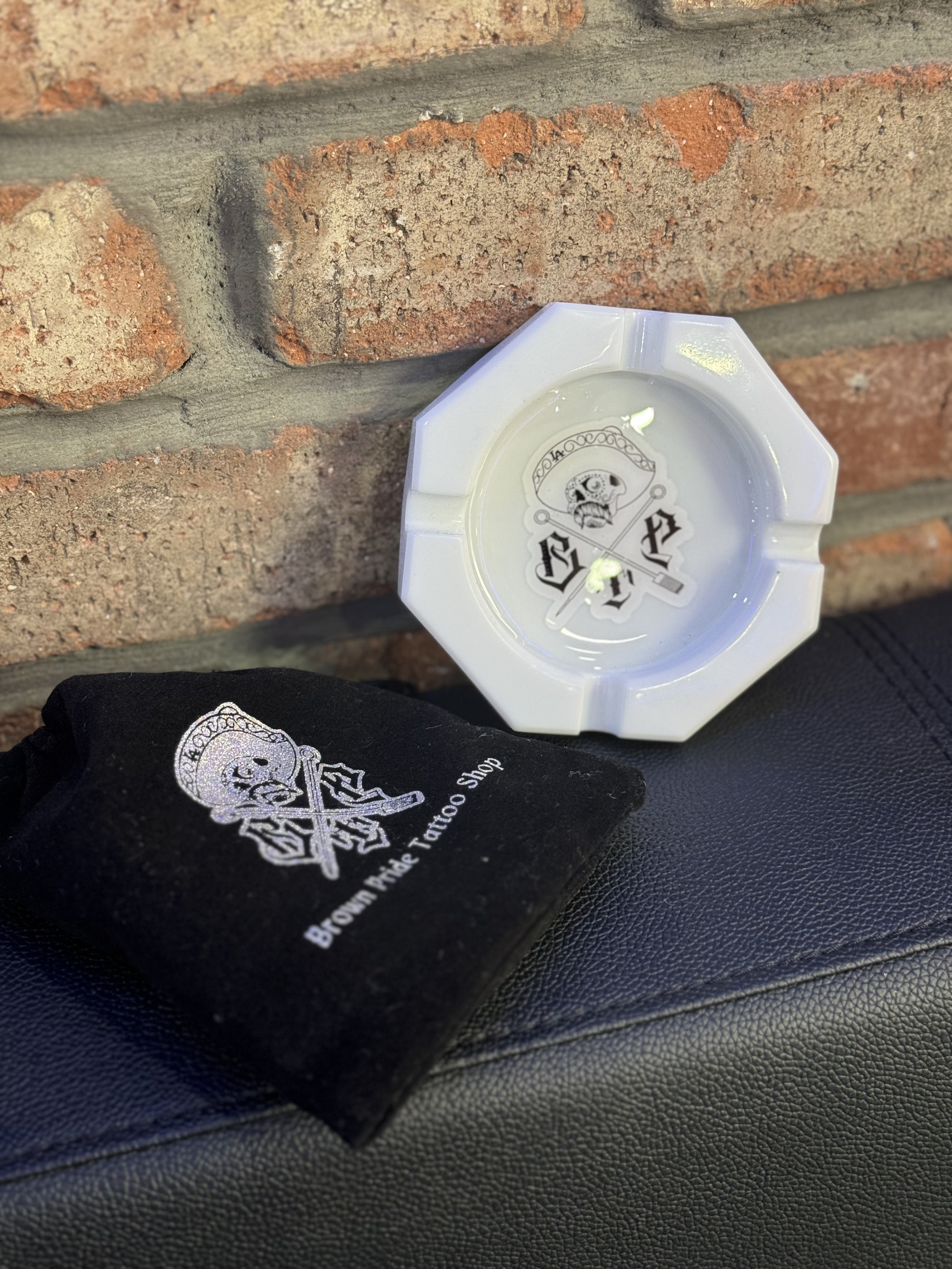 Classic OG Brown Pride Tattoo Logo  White Round Ashtray