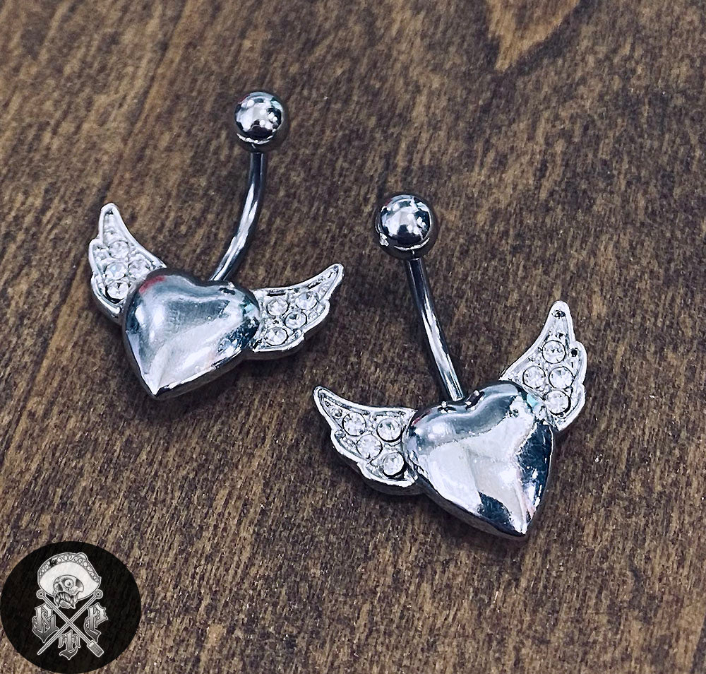 Steel CZ Gem Winged Heart Belly Ring