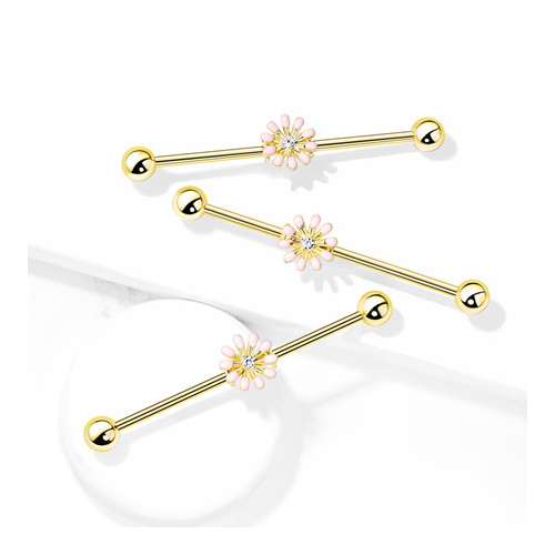 Gold Plated CZ Centered Enamel Pink Flower Industrial Barbell