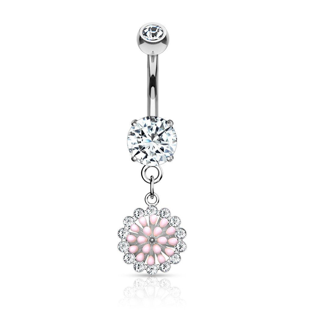 Pink Enamel Cluster Prong Set CZ Dangle Belly Ring
