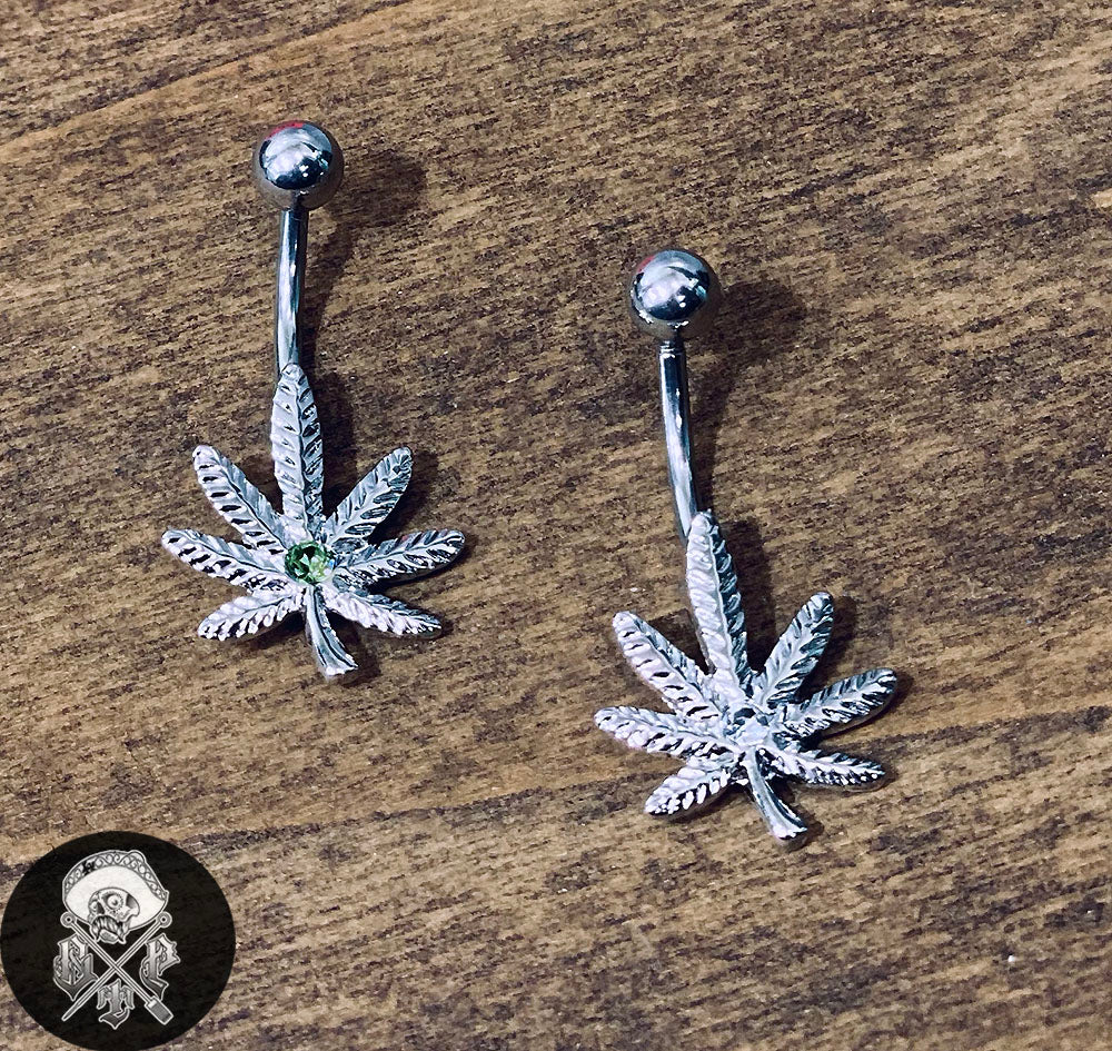 Steel CBD Leaf Tiny CZ Gem Belly Ring