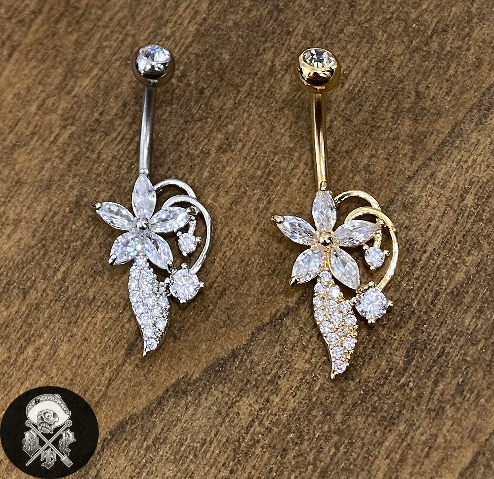 Gold Plated Long CZ Flower Belly Ring