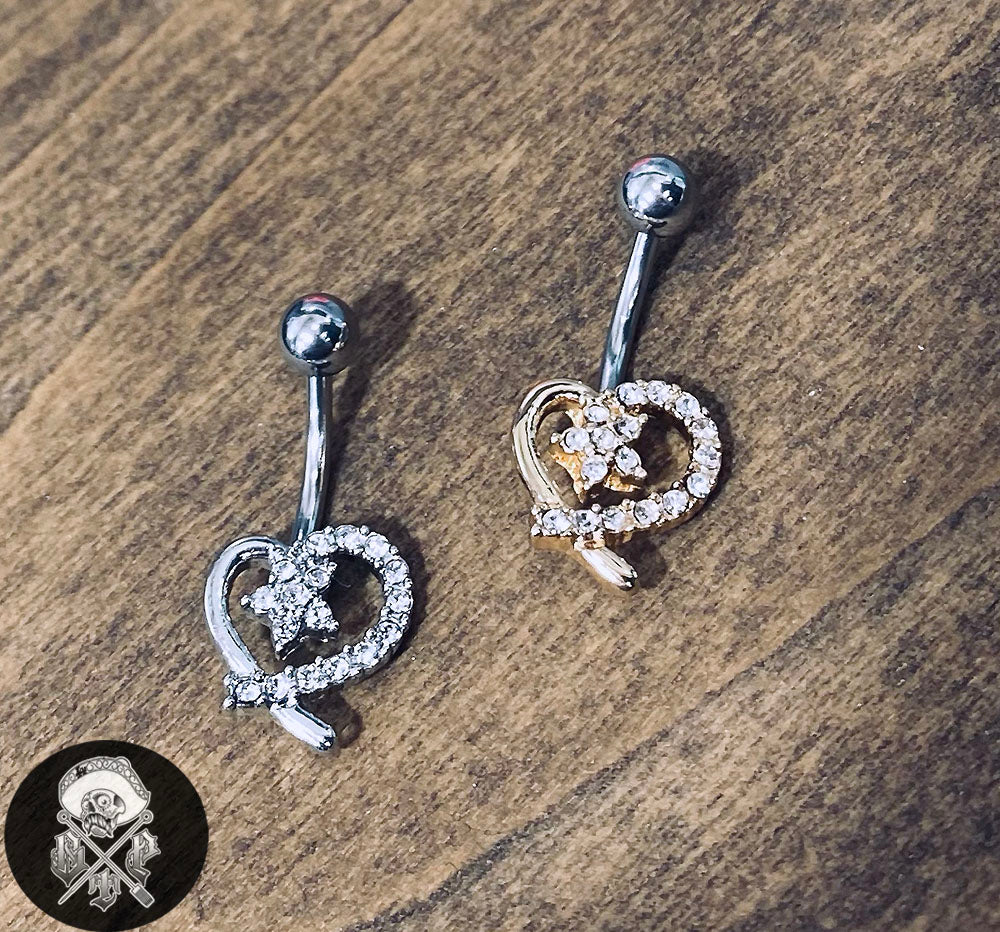CZ Paved Hollow Heart with CZ Flower Belly Ring