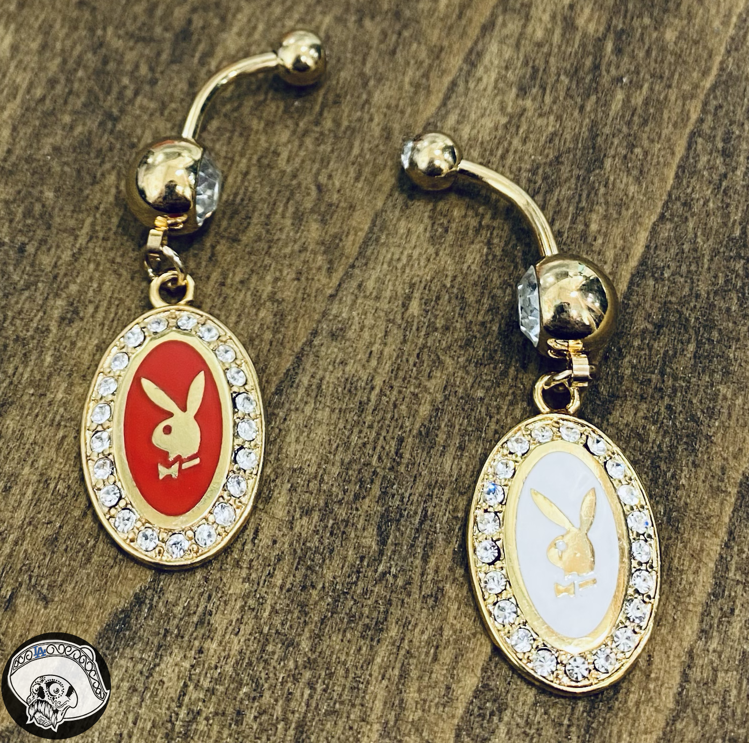 Round Gold Plated Multi CZ Playboy Bunny Dangle Belly Ring