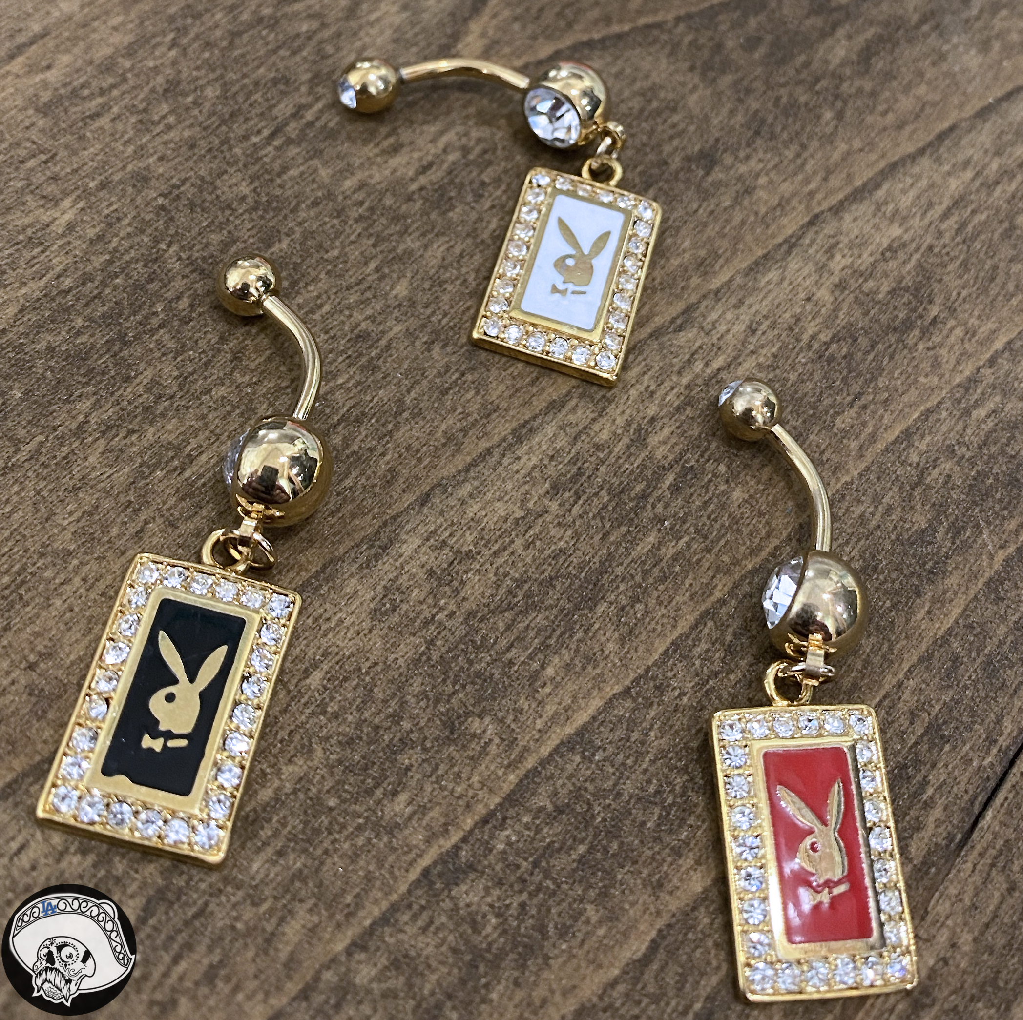 Square Gold Plated Multi CZ Playboy Bunny Dangle Belly Ring