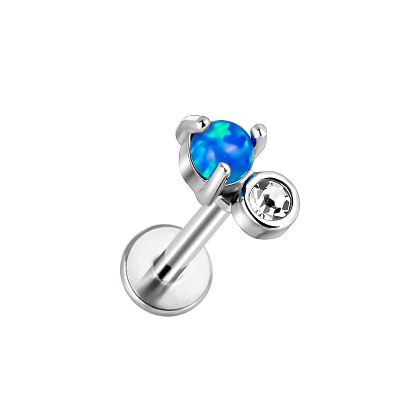 Blue Opal Stud with CZ Gem Internally Threaded Flat Back Tragus